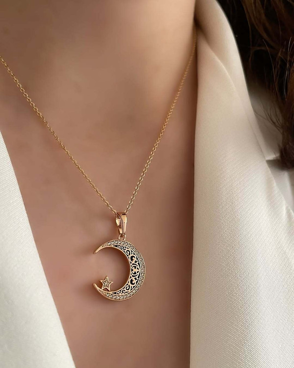 گردنبند زنانه ژوپینگ طرح هلال ماه با ستاره نگین دار،طلایی و ظریف