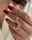 گردنبند زنانه ژوپینگ طرح هلال ماه با ستاره نگین دار،طلایی و ظریف